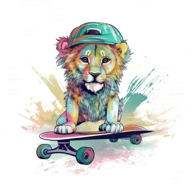 Un león con un sombrero en una patineta