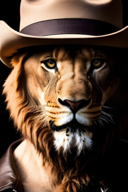 Un león con un sombrero de vaquero y una chaqueta marrón con la palabra león.