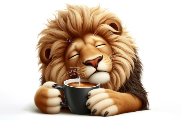 un león somnoliento sosteniendo una taza de café aislado sobre un fondo blanco sólido
