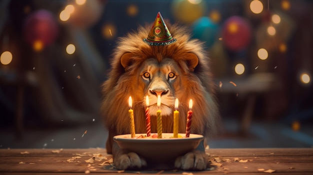 Un león soplando velas en un pastel de cumpleaños