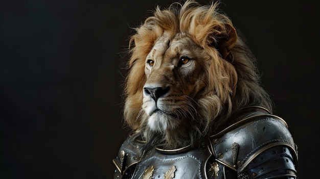 Foto león en traje de caballero caballero tema medieval melena mascota animal salvaje surrealismo primer plano fotos de disfraces de gran gato para mascota presentación de concepto de orgullo y grandeza generado por ia