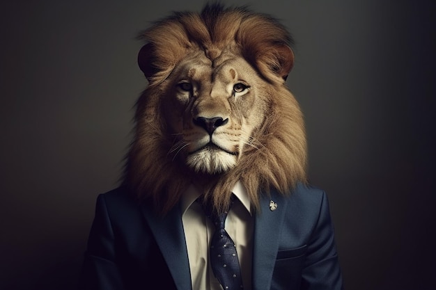 Un león con traje y camisa azul.