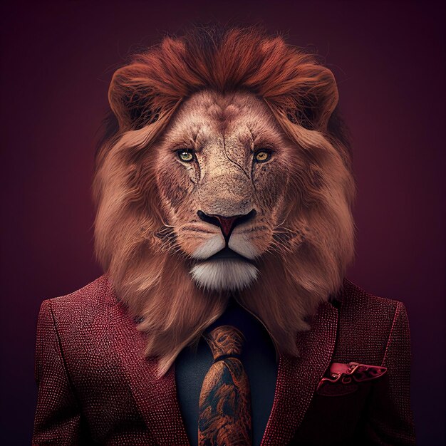 Un león con traje y corbata roja.