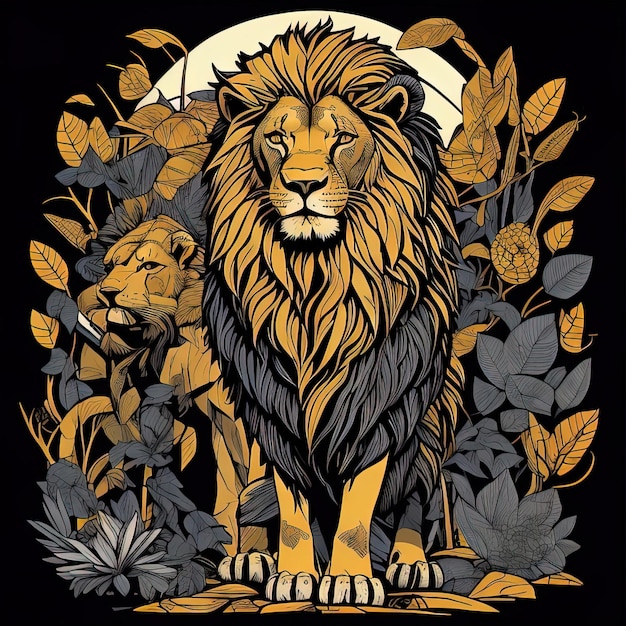 León tribal y hojas Ilustración vectorial para camiseta