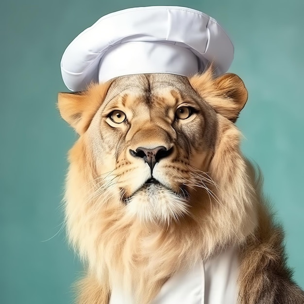 León en uniforme de chef completo con gorro de toque IA generativa