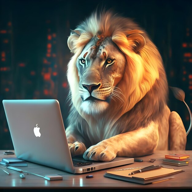 Un león usando una computadora portátil