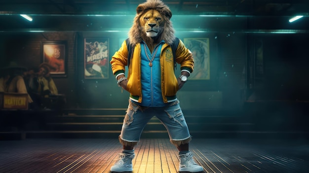 Un león vestido con una chaqueta y pantalones cortos se para frente a un póster de la película El rey león.