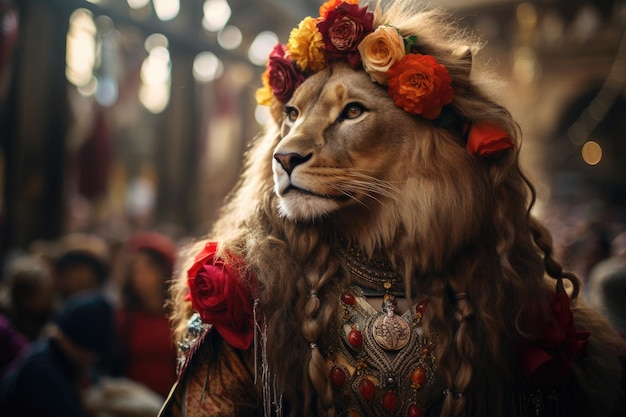 un león vistiendo una prenda con flores