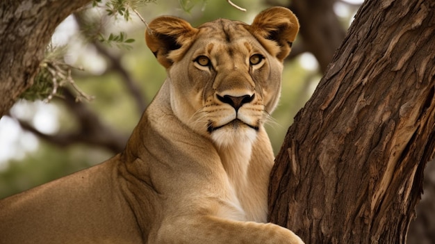 Una leona en un árbol