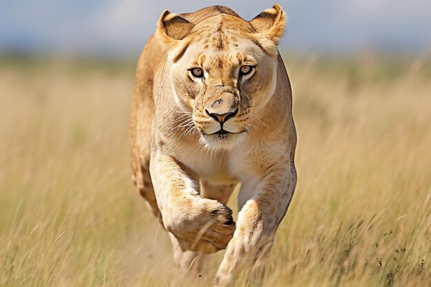 una leona corriendo por un campo con un cielo en el fondo
