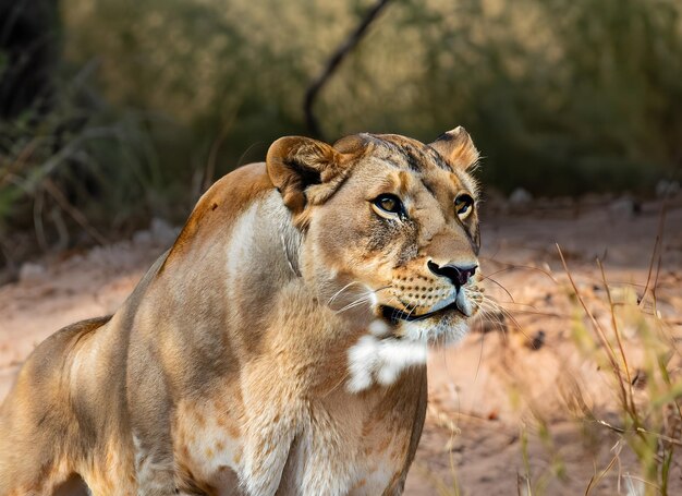 Foto una leona con una mancha blanca en la cabeza