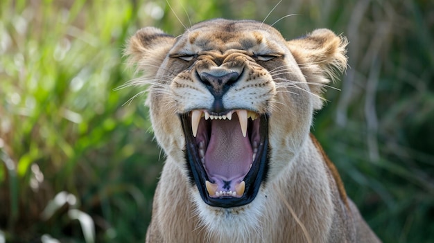 Foto leona mostrando dientes peligrosos de cerca leona hembra rugiente con una impresionante melena generativo ai