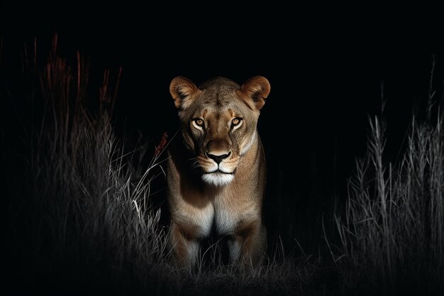 Foto leona sigilosa y graciosa depredadora en la noche