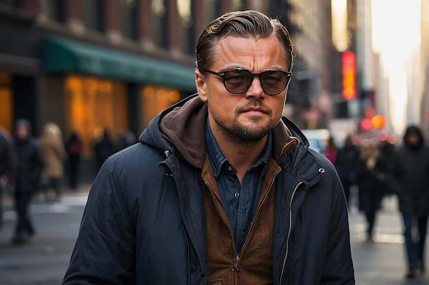 Foto leonardo dicaprio na rua de nova iorque caminhando com roupa casual