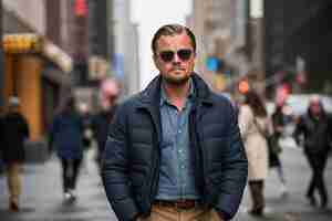 Foto leonardo dicaprio na rua de nova iorque caminhando com roupa casual