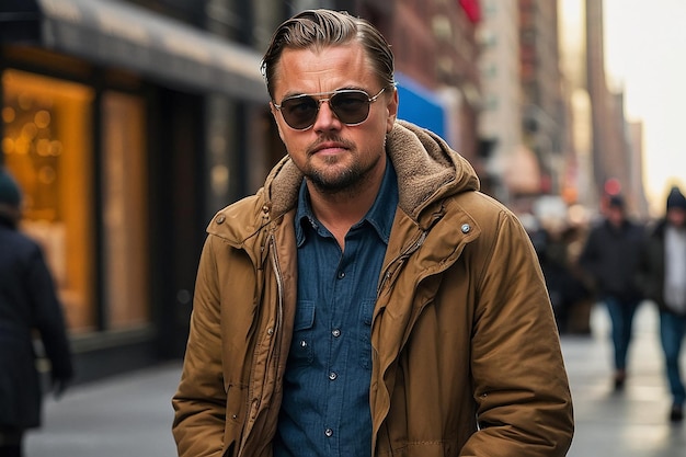 Foto leonardo dicaprio na rua de nova iorque caminhando com roupa casual