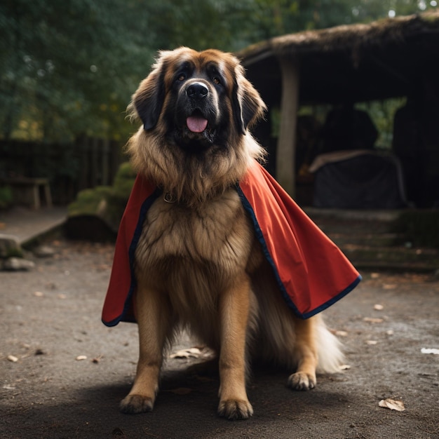 Foto leonberger heroicamente envolto em uma capa de super-herói