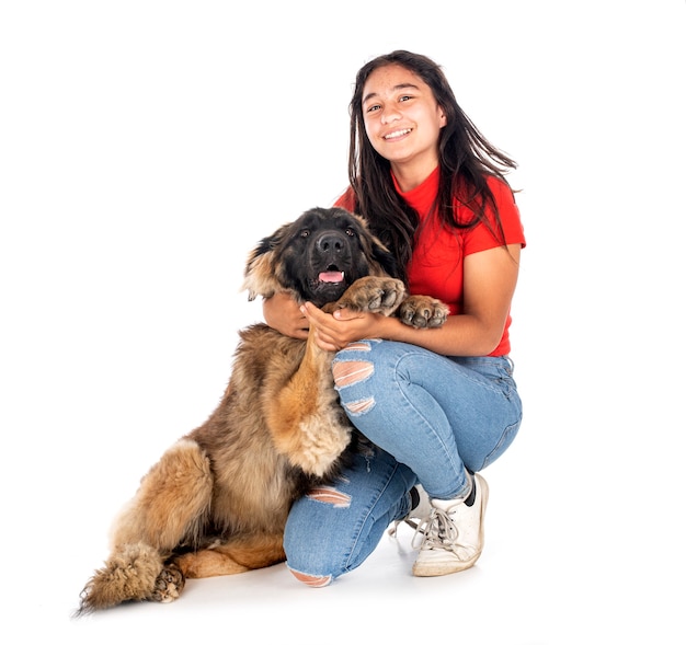 Foto leonberger joven y mujer delante de un fondo blanco