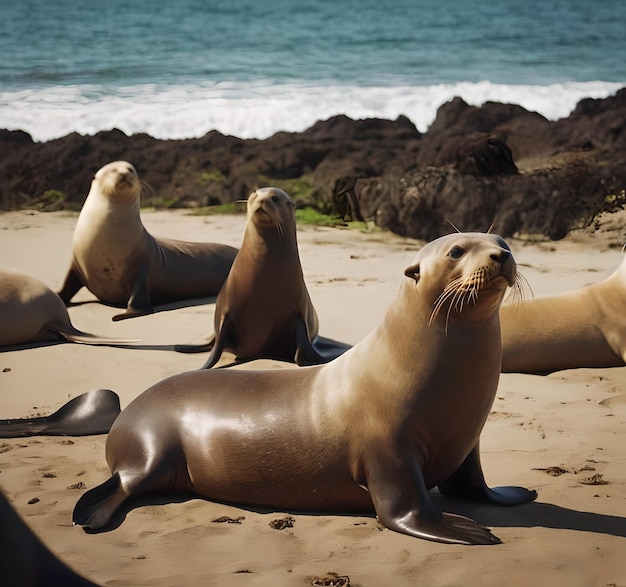 leones marinos en la playa y uno de ellos es una foca