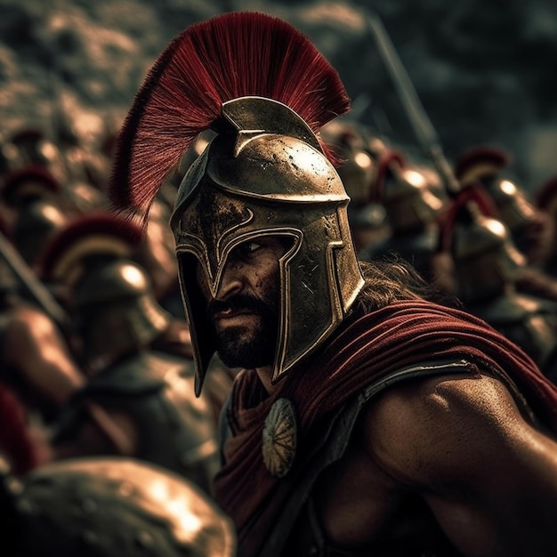 Leonidas posando entre sus hombres en la batalla de las Termópilas