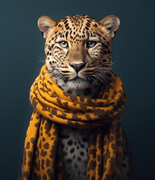Leopard mit Schal in einem grauen Hintergrund Porträt erstellt durch generative KI-Technologie
