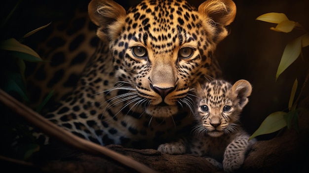 Leoparda com seu bebê Fotografia realista