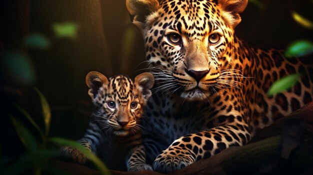 Leoparda com seu bebê Fotografia realista