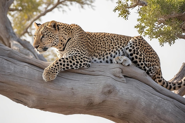 Leoparden, die sich von einem Akazien-Baumzweig gegen den weißen Himmel in der Wildtiersafari im Etosha-Nationalpark befinden.