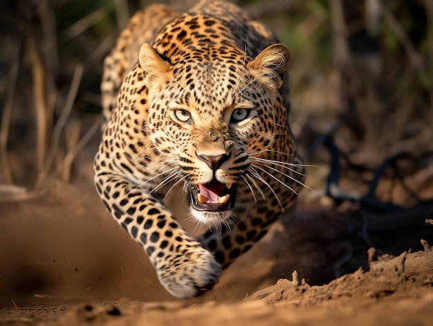 Leopardenporträt läuft, jagt Beute
