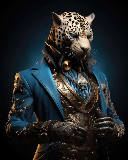 Foto leopardo 3d com um corpo humano parecendo sério vestindo um terno com um fundo de estúdio dramático