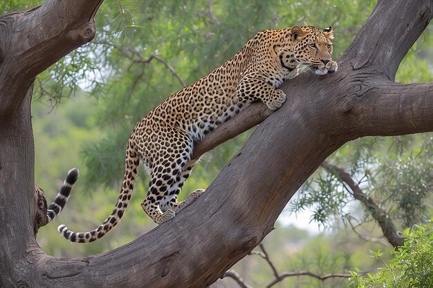 Leopardo africano descendo da árvore durante o dia