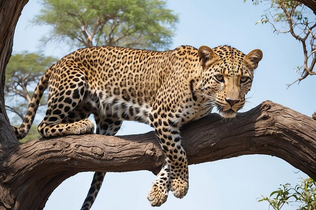 Leopardo africano descendo da árvore durante o dia