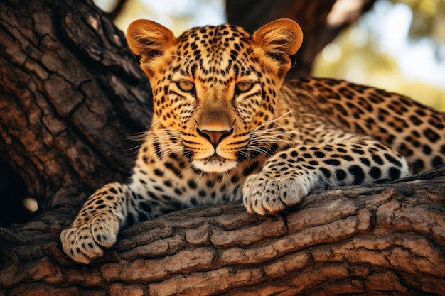 El leopardo africano en safari El majestuoso felino explora la sabana Sube con gracia a los árboles de acacia