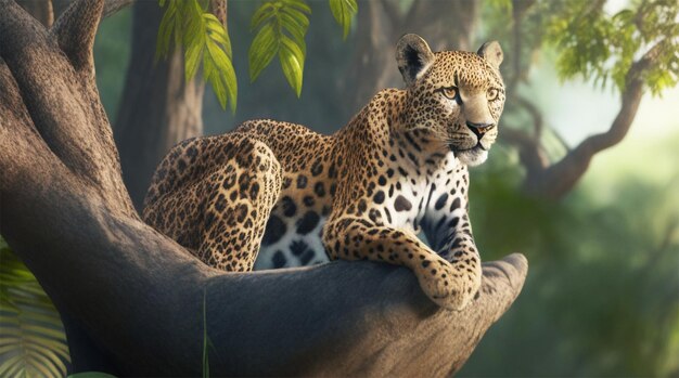 Un leopardo africano sentado en un árbol mirando a su alrededor en una jungla