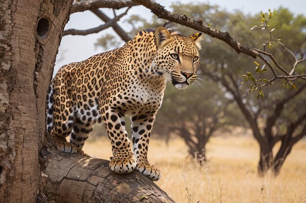 Leopardo africano trepando y bajando del árbol durante el día