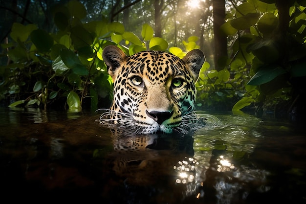 Foto un leopardo en el agua con árboles al fondo