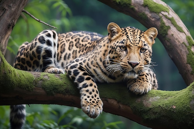 Leopardo amur ameaçado de extinção descansando em uma árvore no habitat natural animais selvagens em cativeiro bonitos