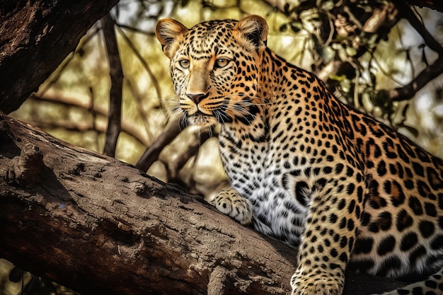 Un leopardo en un árbol con un árbol al fondo.