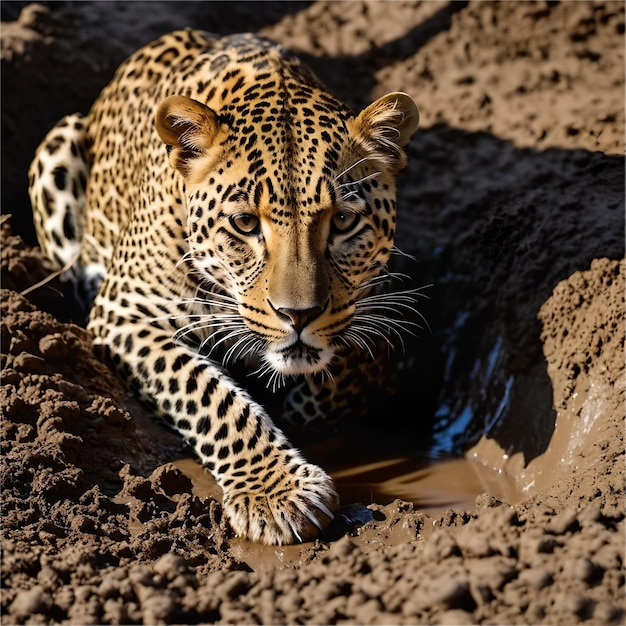 Foto un leopardo está atrapado en un agujero de barro