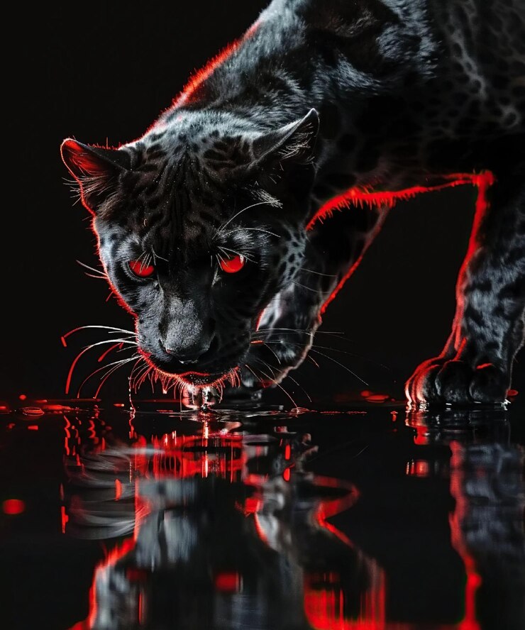 un leopardo blanco y negro con ojos rojos se refleja en una superficie reflectante