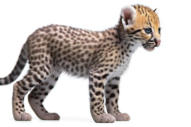 Leopardo cachorro de 3 meses frente a un fondo blanco