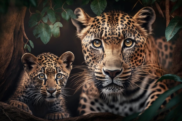 Leopardo con cachorro en hábitat natural IA generativa