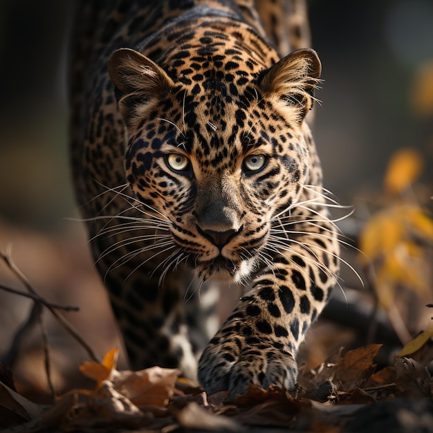 Un leopardo camina entre las hojas y mira a la cámara.