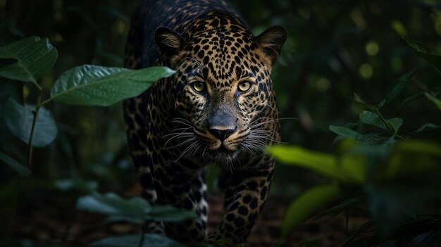 Un leopardo camina por la selva en la oscuridad.