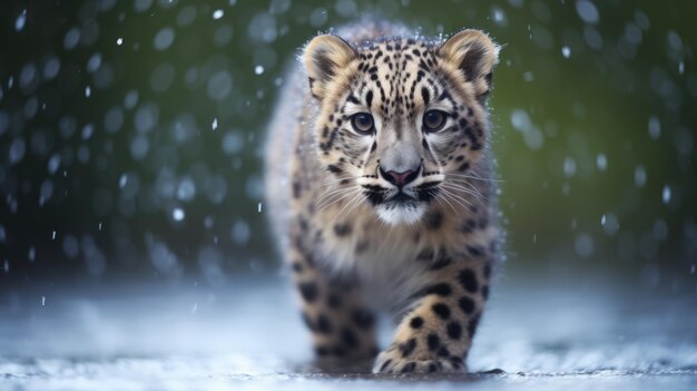 Un leopardo caminando bajo la lluvia.