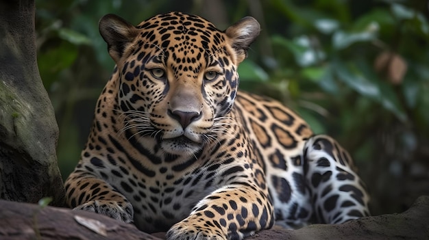 Leopardo carnívoro feroz sentar-se e relaxar-se e olhar para algo com fundo da natureza