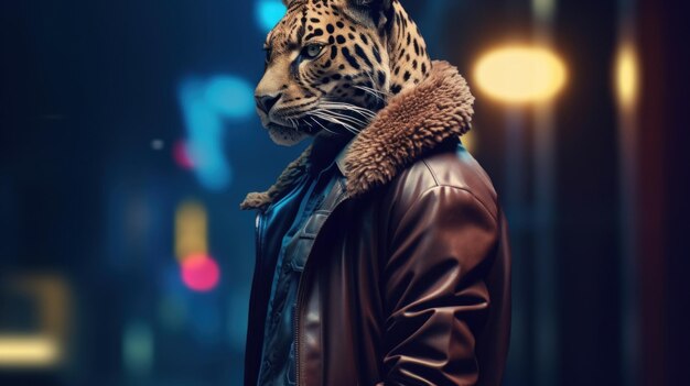 Leopardo con chaqueta enfoque ciudad nocturna