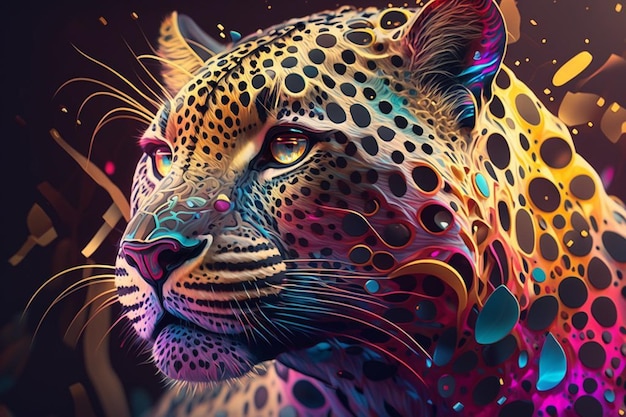 Un leopardo colorido está sobre un fondo negro.