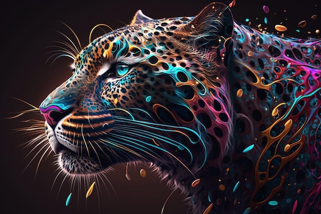 Un leopardo colorido con un fondo negro.