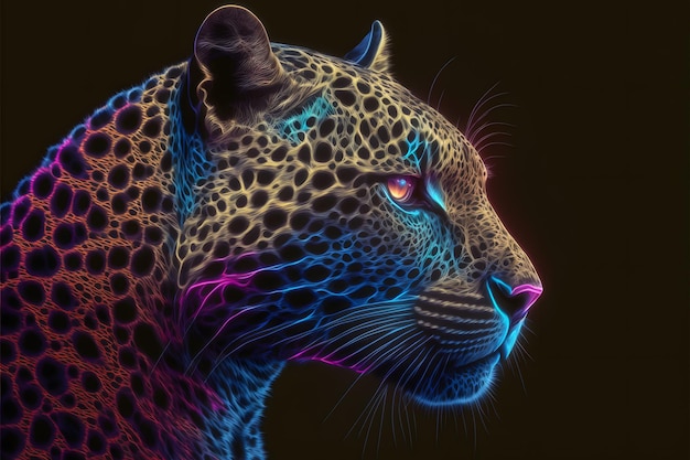 Un leopardo colorido con ojos azules se muestra sobre un fondo oscuro